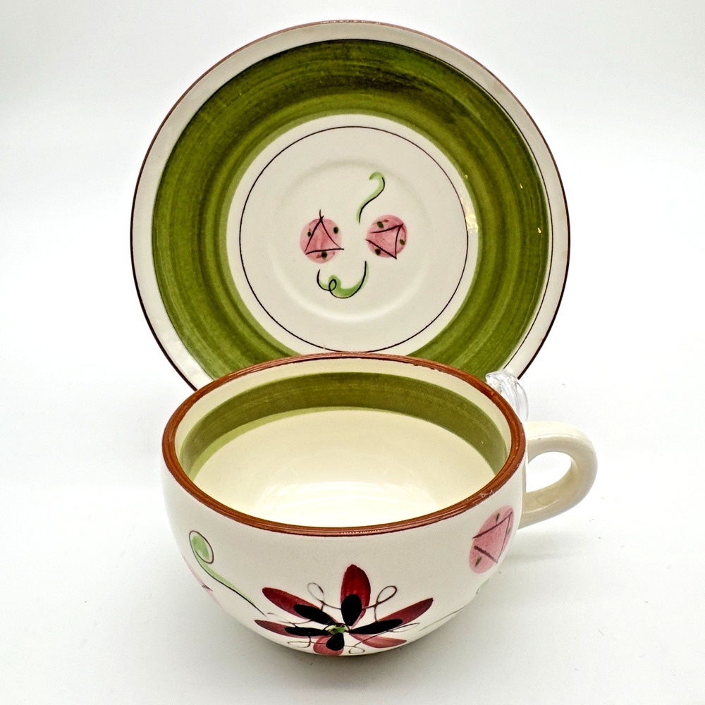 Stangl Pottery Carnival Cup Saucer Set of 2 Coffee Tea MCM Pink Green Black